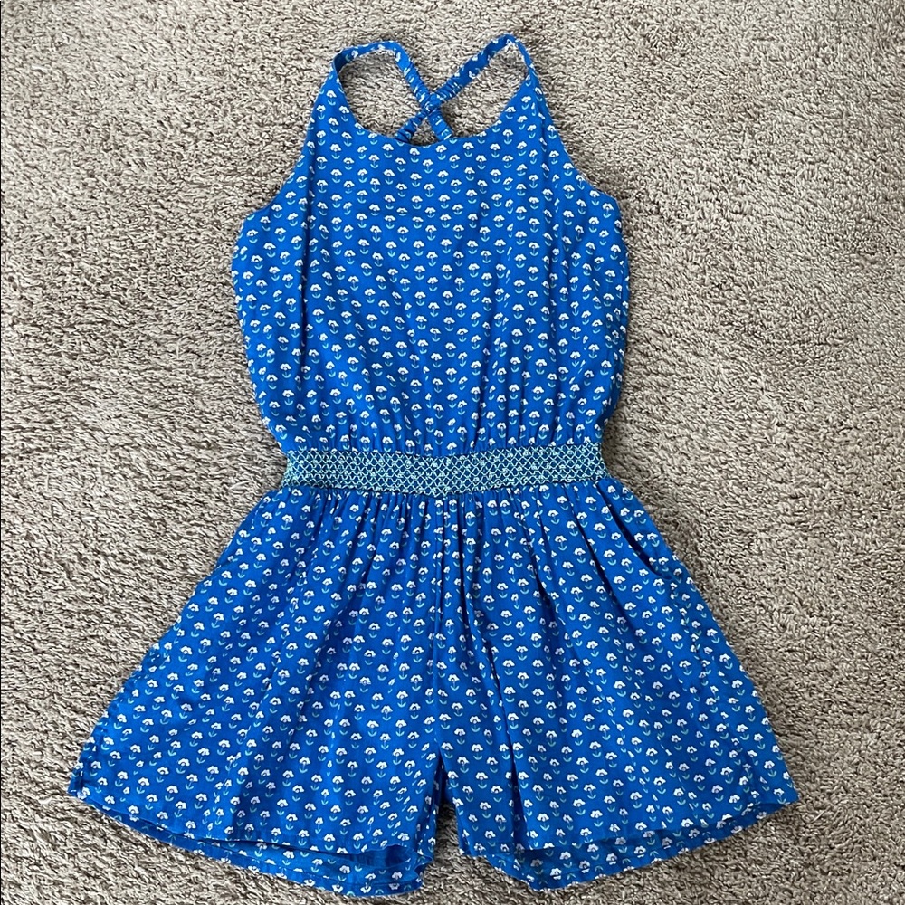 Boden girls blue & white floral cross back romper
